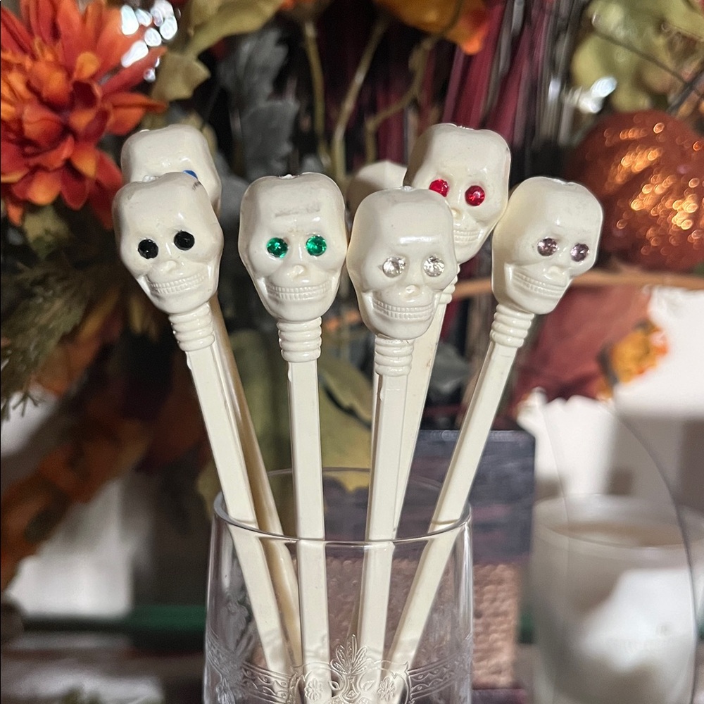 Skull 'N Bones Highball Stirrers Rhinestone Eyes Vintage Halloween Skeleton RARE